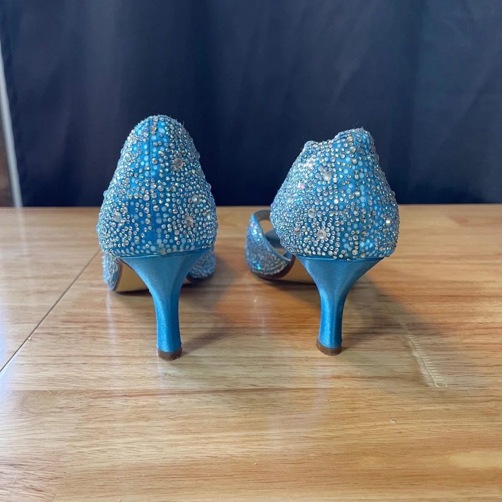 Touch Ups Blue Satin Rhinestone Peep Toe d'Orsay Kitten Heels Womens 10.5M